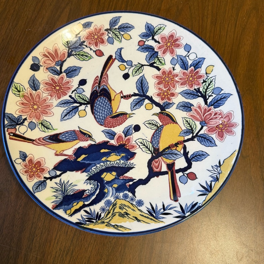 Vintage Hand Painted Colorful Floral Birds Asian Platter Japan.